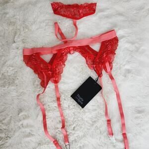 NEW Thistle and Spire Kane Pink and Red Lace Chili Garter Belt and Choker Set